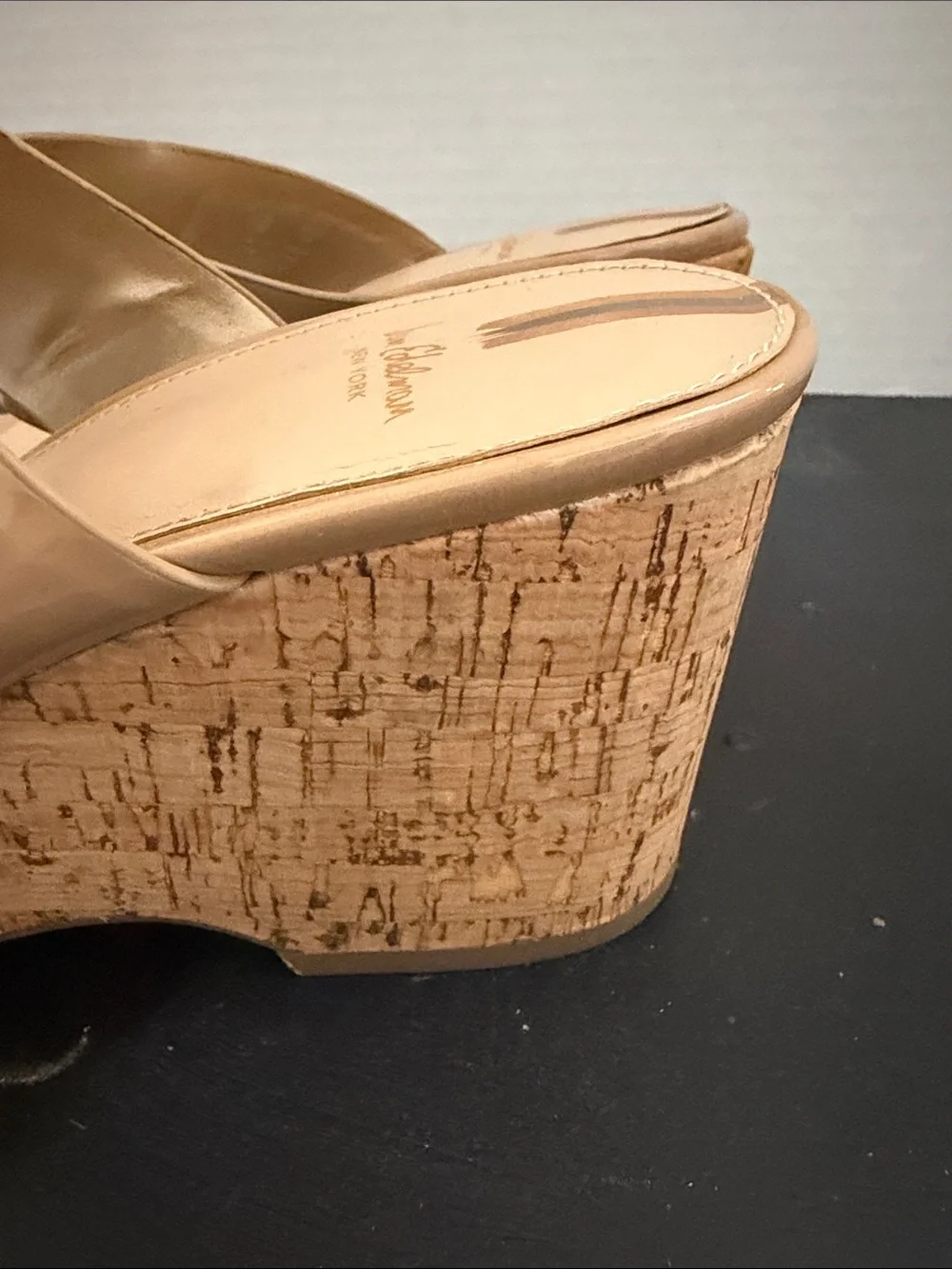 Sam Edelman Beige Patent Cork Wedge Thong Sandals with Gold Logo, Size 9